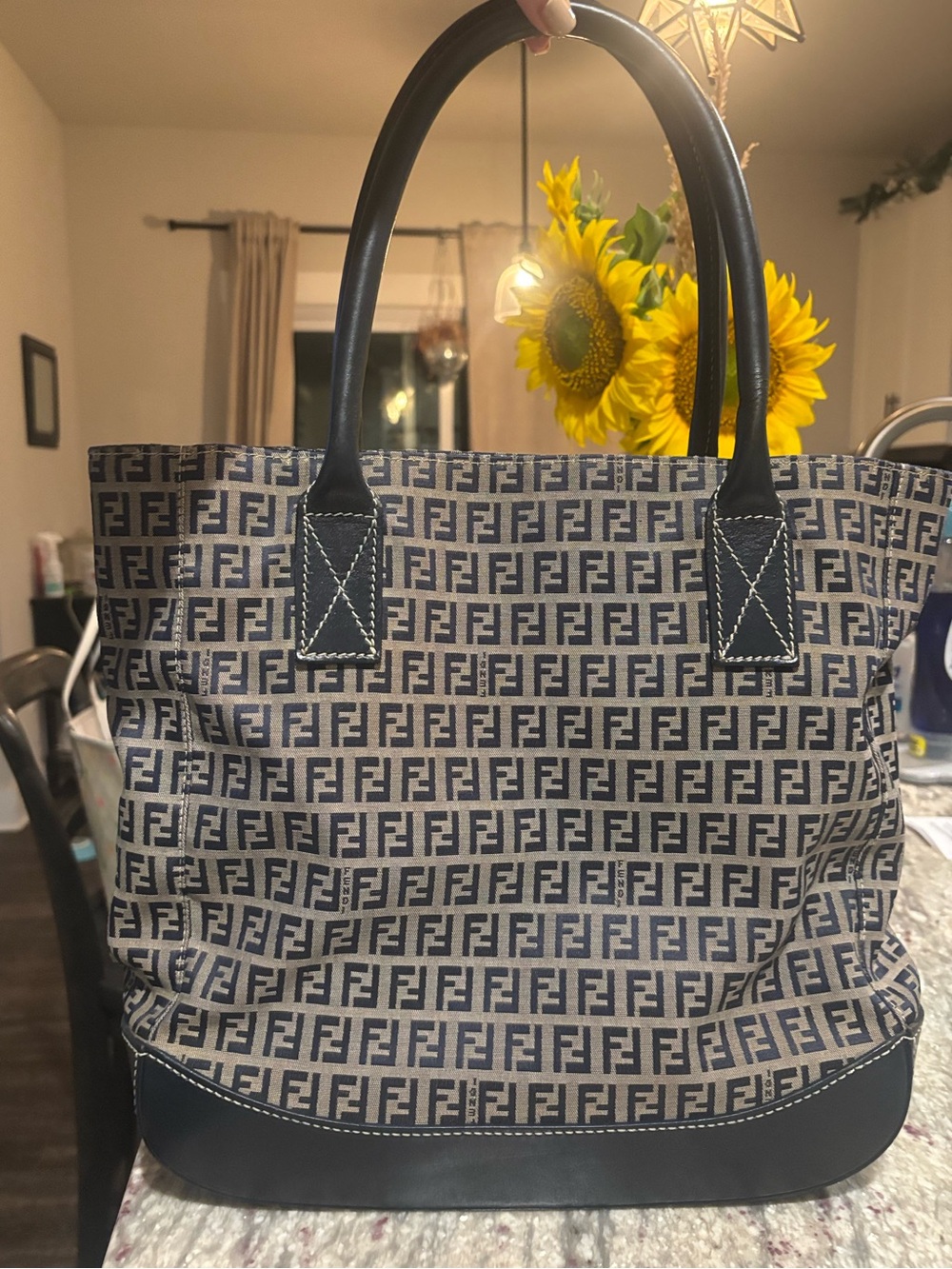 Vintage Fendi Zucca FF Monogram Jacquard Tote Bag Black Leather Trim